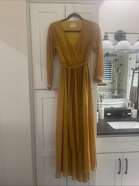 Flowing Mustard Wrap Maxi Dress with Self-Tie Waist